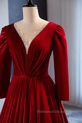 Wine Red Velvet Long Sleeves See Through Semi Formal Prom Dress, Wine Red Wedding Party Dress